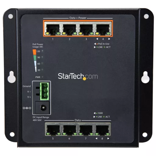 StarTech.com IES81GPOEW hálózati kapcsoló Vezérelt L2 Gigabit Ethernet (10/100/1000) Ethernet-áramellátás (PoE) támogatása Fekete