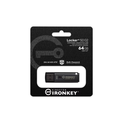 Kingston Technology IronKey Locker+ 50 G2 USB flash meghajtó 64 GB USB A típus 3.2 Gen 1 (3.1 Gen 1) Fekete