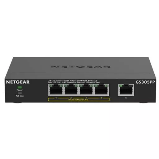 NETGEAR GS305PP Beállítást nem igénylő (unmanaged) Gigabit Ethernet (10/100/1000) Ethernet-áramellátás (PoE) támogatása Fekete